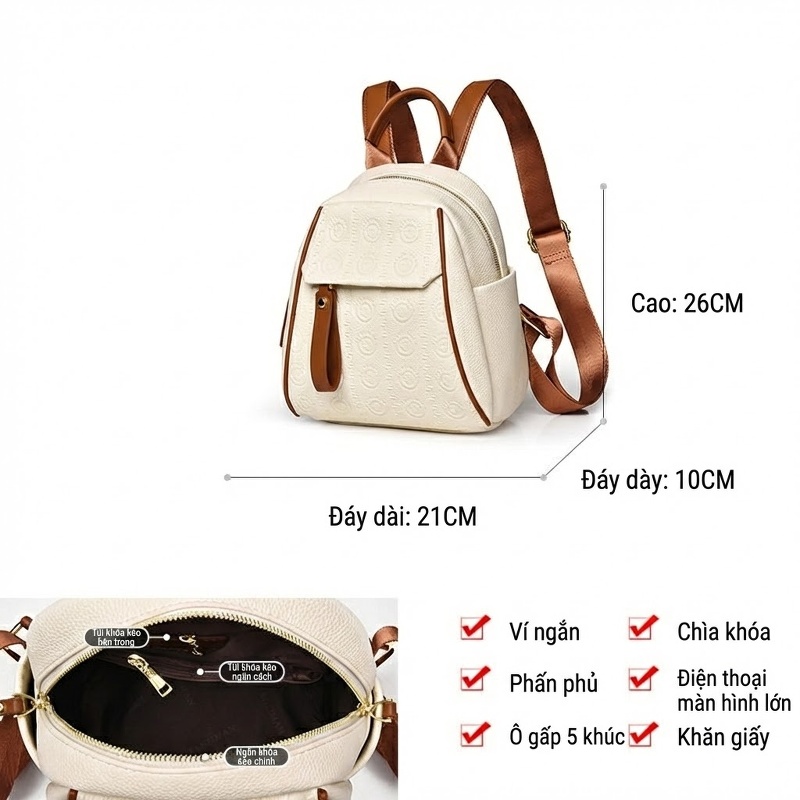 Balo Nữ Da Bóng Thời Trang Du Lịch, Đi Học, Công Sở, Chống Thấm Nước, Đựng Laptop, Sức Chứa Lớn Màu Trắng Kem, Đen