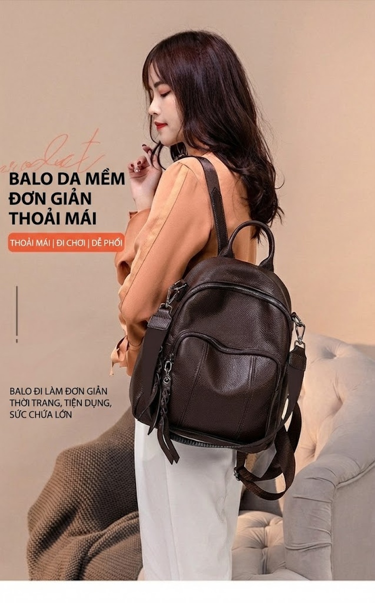 Balo Nữ Da Mờ Thời Trang, Đựng Vừa A4, Đi Học, Du Lịch Màu Đen, Nâu chi tiết 1