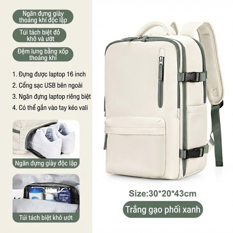 Balo Nữ Đa Năng Chống Thấm Nước, Ngăn Ướt Riêng, Ngăn Laptop Lớn Màu Be, Nâu chi tiết 31