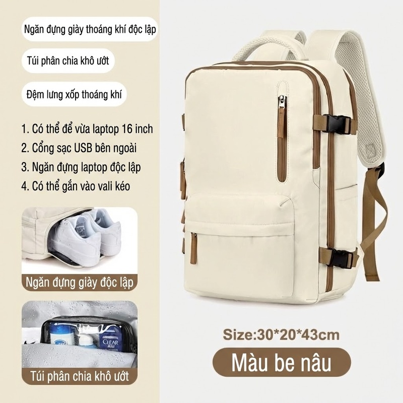 Balo Nữ Đa Năng Chống Thấm Nước, Ngăn Ướt Riêng, Ngăn Laptop Lớn Màu Be, Nâu