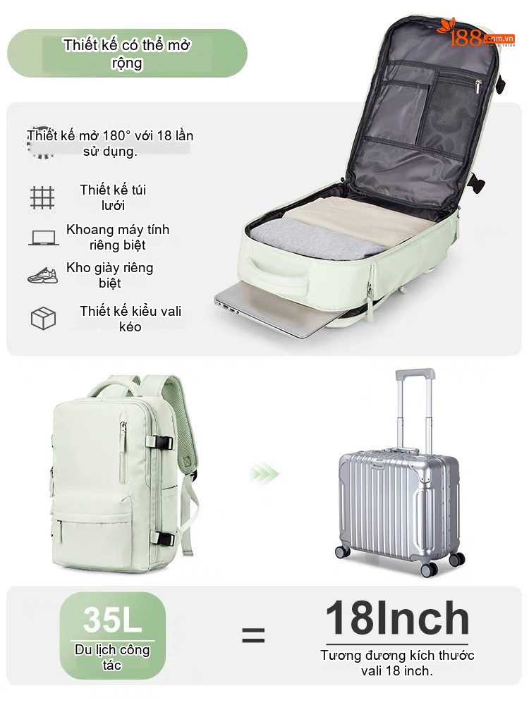 Balo Nữ Đa Năng Chống Thấm Nước, Ngăn Ướt Riêng, Ngăn Laptop Lớn Màu Be, Nâu chi tiết 3