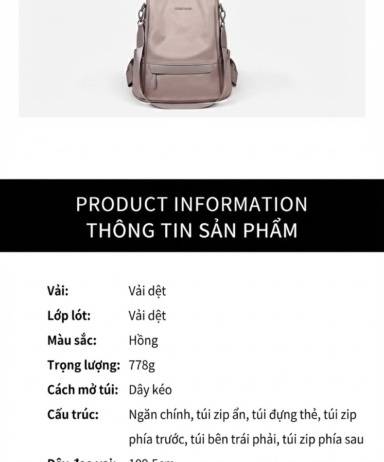 Balo Nữ Đa Năng Chống Trộm Chống Nước Sức Chứa Lớn Màu Hồng chi tiết 6