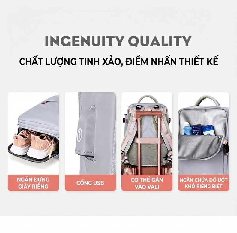 Balo Nữ Đa Năng Vải Oxford Chống Thấm Nước Dung Tích Lớn Màu Hồng, Đen, Xám... chi tiết 8
