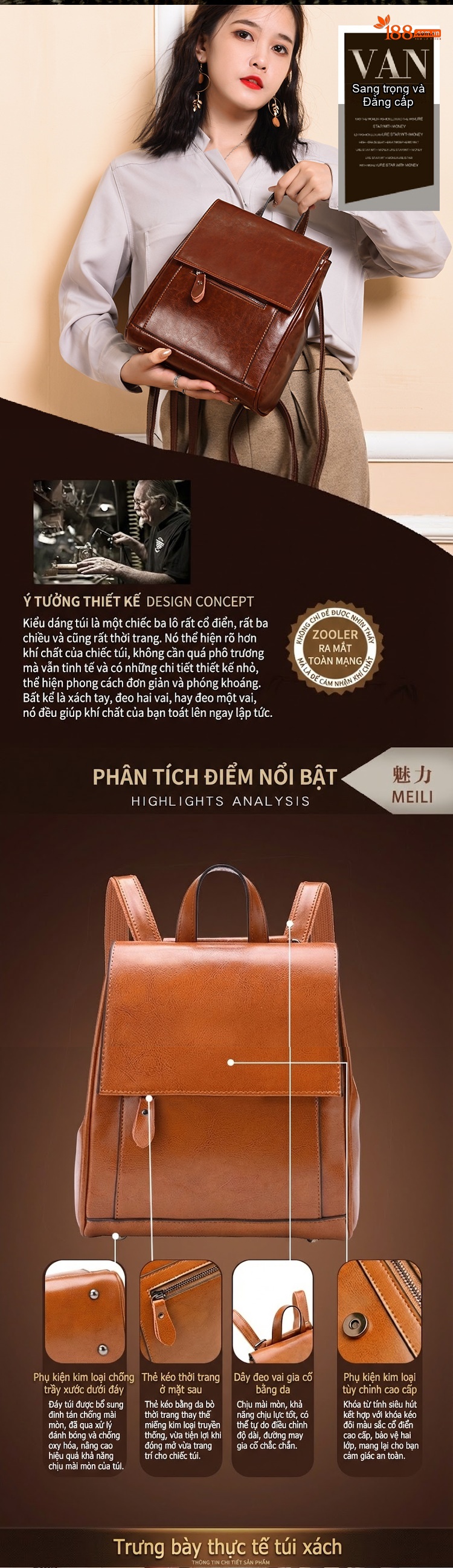 Balo Nữ Da Thật Đeo Chéo Phong Cách Châu Âu, Túi Xách Nữ Da Mềm Sức Chứa Lớn Màu Nâu chi tiết 4