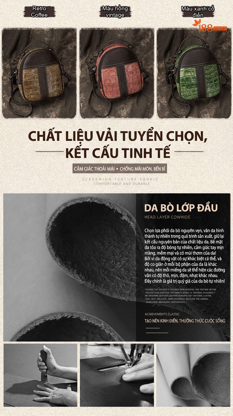 Balo Nữ Da Thật Mini Đeo Vai Đeo Chéo Thiết Kế Retro Màu Nâu, Xanh Lá, Đỏ chi tiết 1