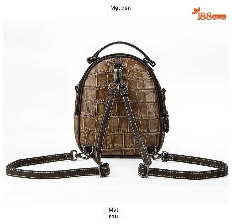 Balo Nữ Da Thật Mini Đeo Vai Đeo Chéo Thiết Kế Retro Màu Nâu, Xanh Lá, Đỏ chi tiết 7