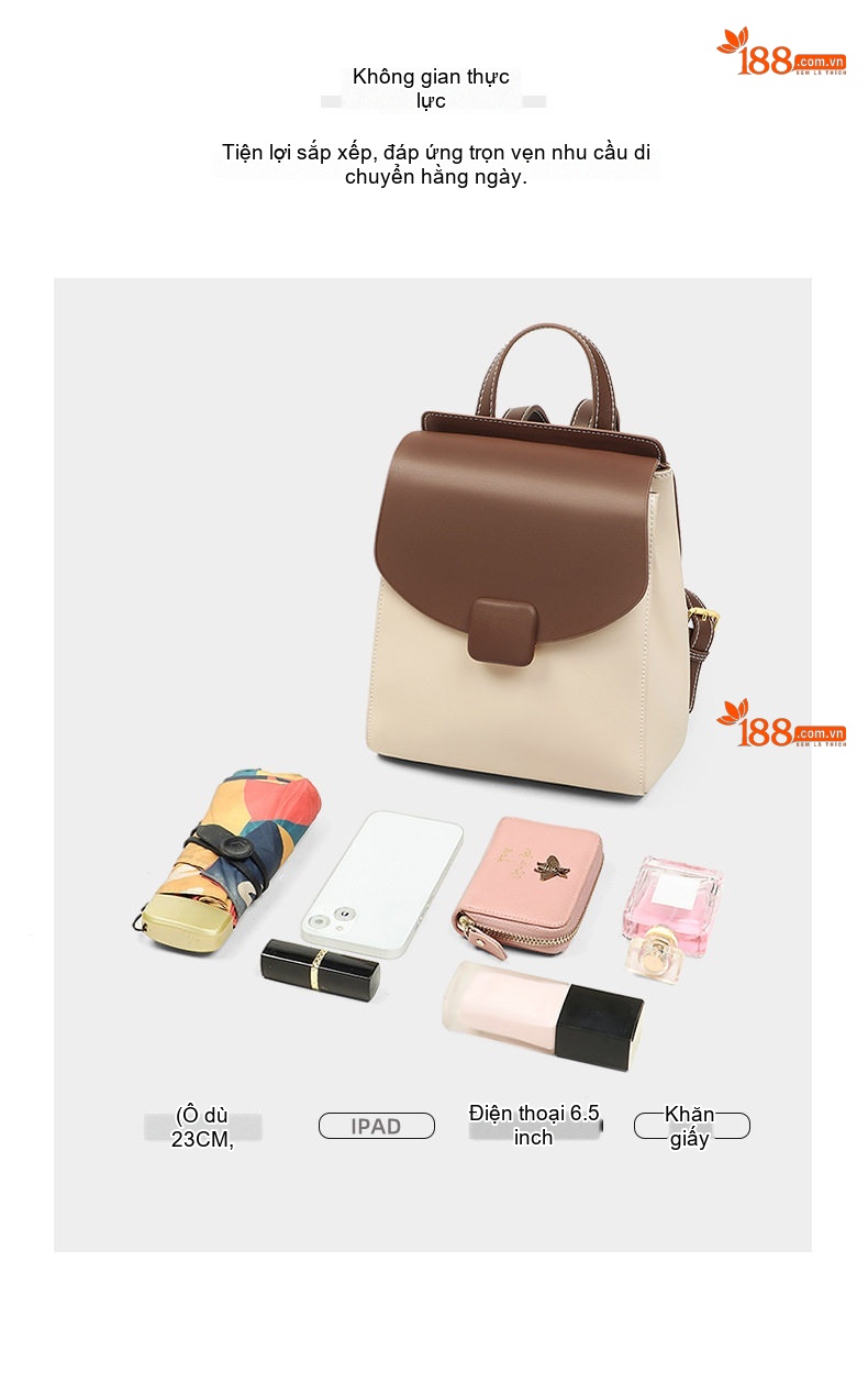 Balo Nữ Da Thật Mini Du Lịch Công Sở Đựng Vừa A4 Màu Nâu, Kem chi tiết 16