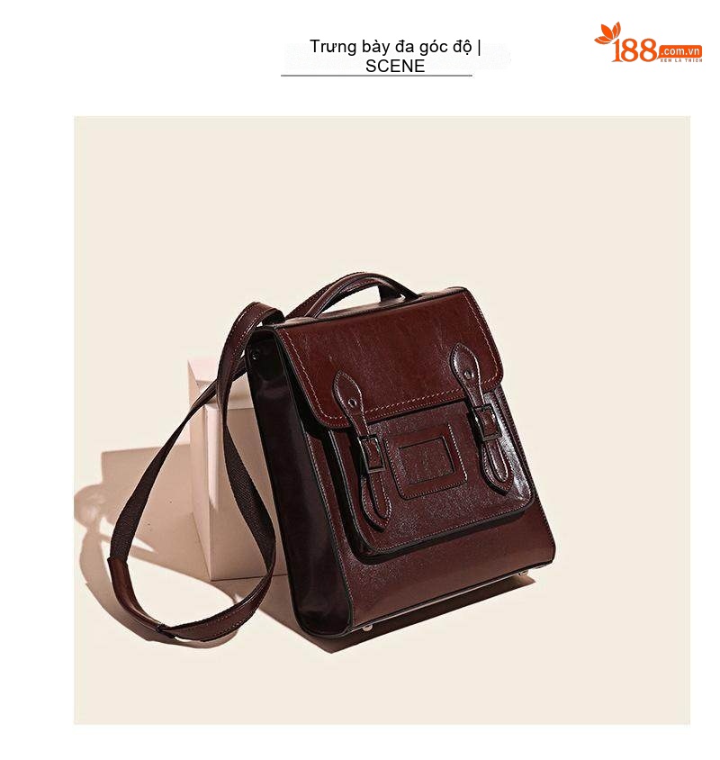Balo Nữ Da Thật Mini Kiểu Túi Cambridge Nhỏ Gọn Thời Trang Màu Nâu, Trắng chi tiết 5