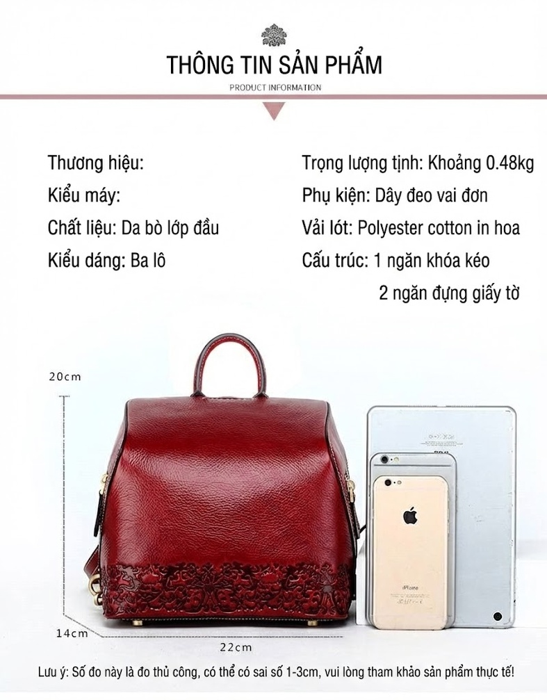 Balo Nữ Da Thật Phong Cách Cổ Điển Màu Đỏ chi tiết 7