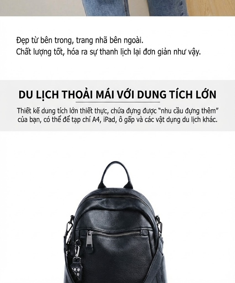 Balo Nữ Da Thật Sức Chứa Lớn Phong Cách Hàn Quốc Màu Đen chi tiết 2