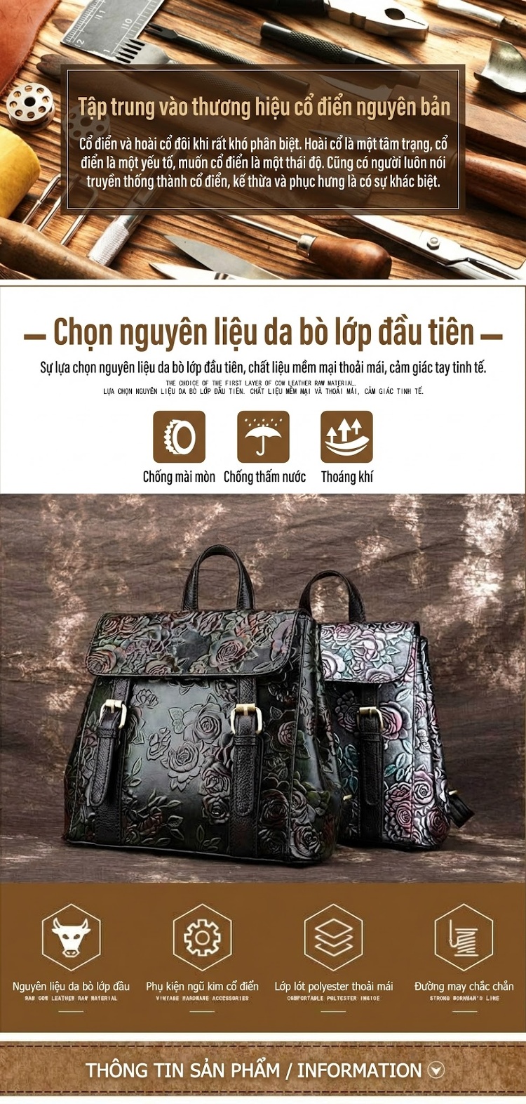 Balo Nữ Da Thật Thủ Công Dập Hoa Phong Cách Hàn Quốc Màu Xanh Đen, Hồng chi tiết 1