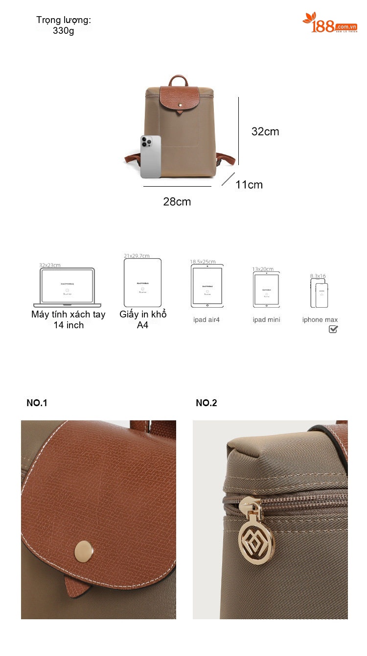 Balo Nữ Gấp Gọn Phong Cách Thời Trang Vải Nylon Màu Be chi tiết 3