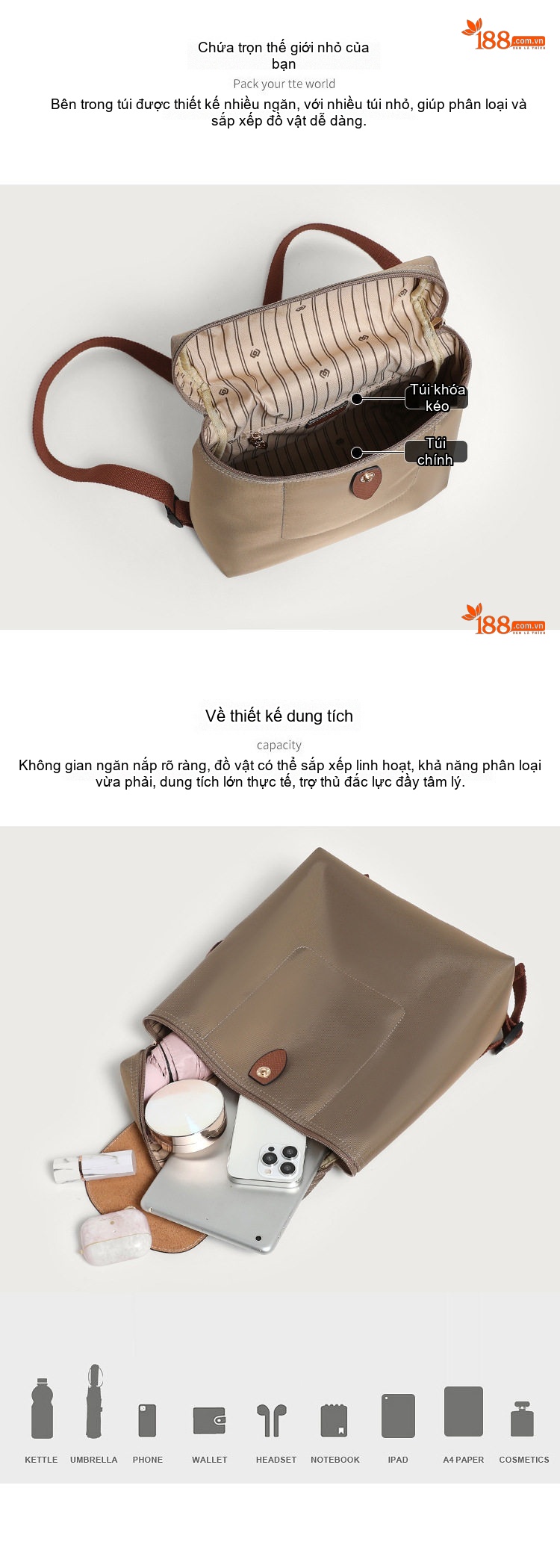 Balo Nữ Gấp Gọn Phong Cách Thời Trang Vải Nylon Màu Be chi tiết 4