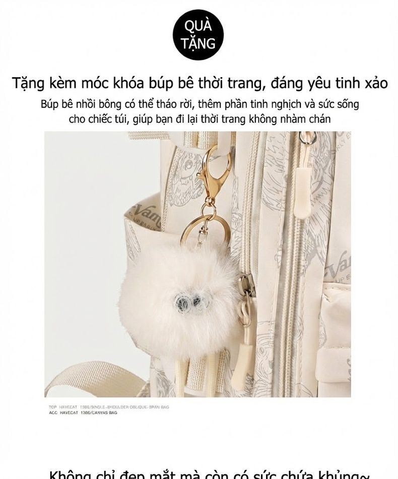 Balo Nữ In Hình Gấu Lớn Vải Dệt Phong Cách Tiểu Học, Trung Học, Đại Học Màu Trắng Kem chi tiết 3