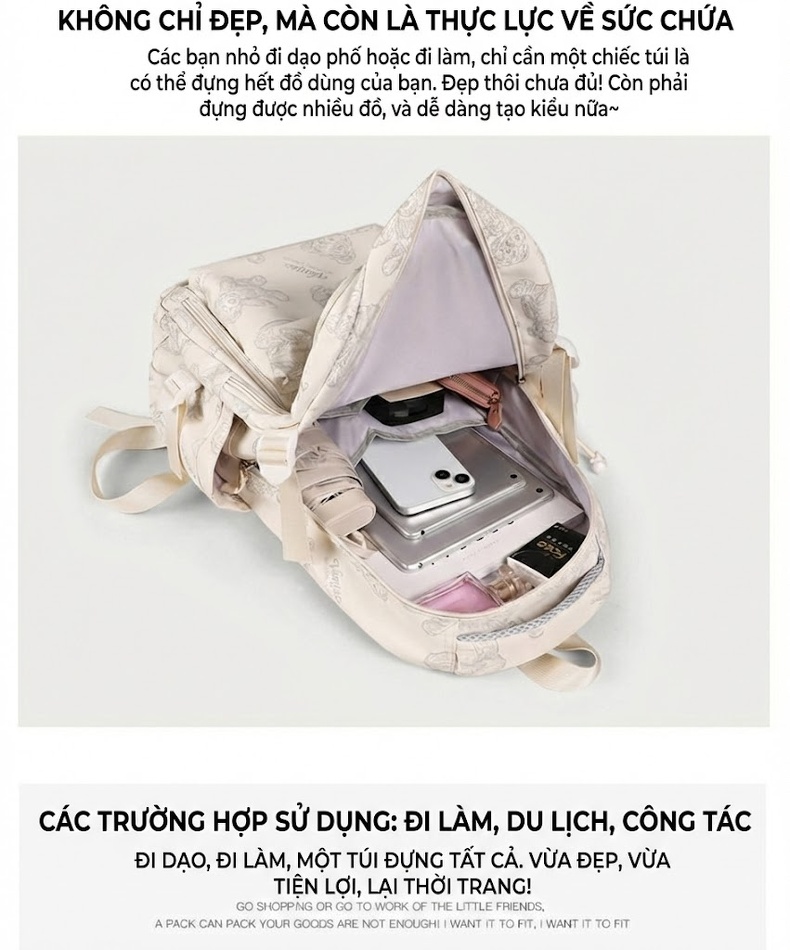 Balo Nữ In Hình Gấu Lớn Vải Dệt Phong Cách Tiểu Học, Trung Học, Đại Học Màu Trắng Kem chi tiết 4