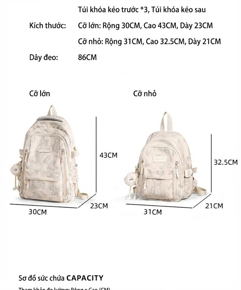 Balo Nữ In Hình Gấu Lớn Vải Dệt Phong Cách Tiểu Học, Trung Học, Đại Học Màu Trắng Kem chi tiết 8