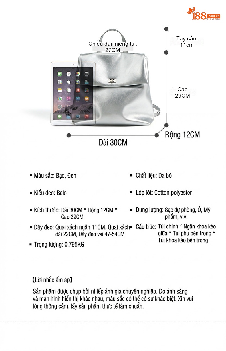 Balo Nữ Mini Da Bóng Màu Đen, Bạc chi tiết 8