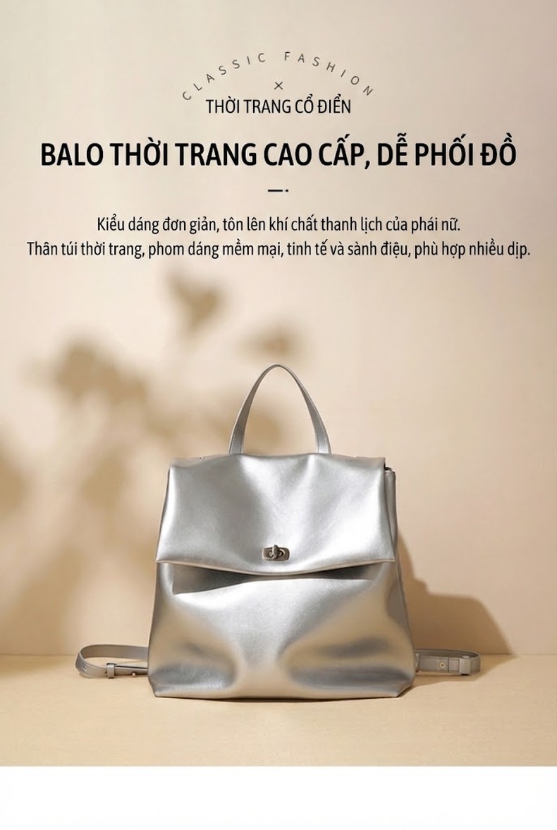 Balo Nữ Mini Da Bóng Màu Đen, Bạc chi tiết 2