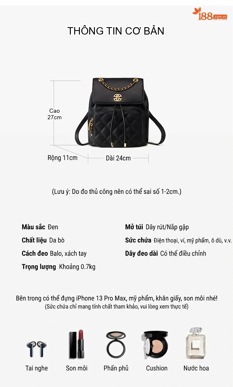 Balo Nữ Mini Da Bóng Phong Cách Tiểu Thư Quai Xích Đi Học Đi Làm Du Lịch Màu Đen chi tiết 8