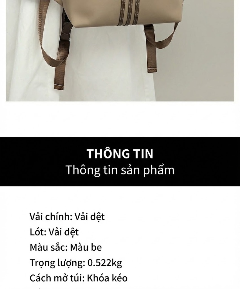 Balo Nữ Thời Trang 2025 Vải Nylon Đựng Laptop Dung Tích Lớn Màu Be chi tiết 6