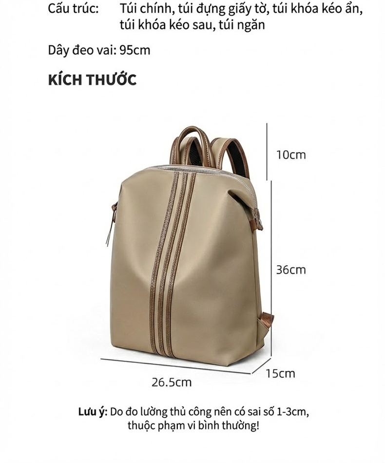 Balo Nữ Thời Trang 2025 Vải Nylon Đựng Laptop Dung Tích Lớn Màu Be chi tiết 7