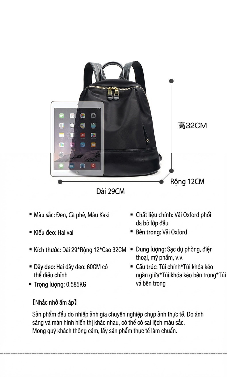 Balo Nữ Thời Trang Cao Cấp Vải Oxford Chống Thấm Nước Dung Tích Lớn Màu Đen, Nâu chi tiết 7