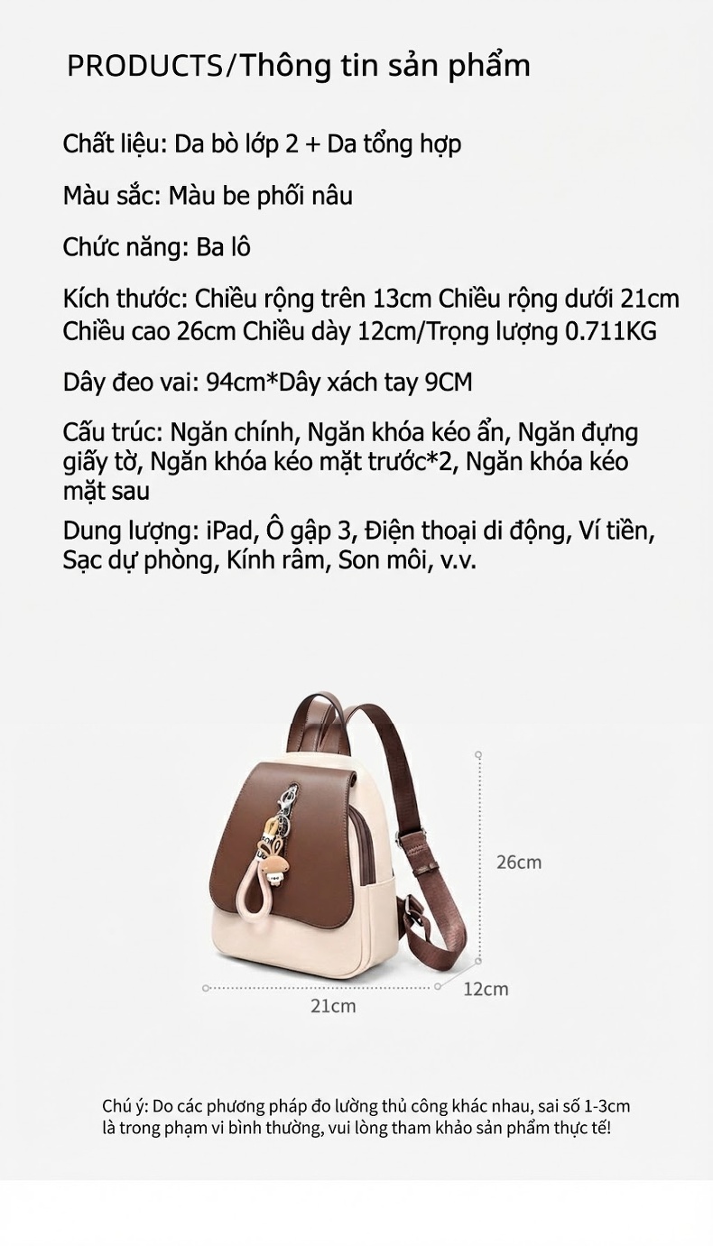 Balo Nữ Thời Trang Đi Học, Du Lịch Vải Dệt Màu Nâu, Kem chi tiết 10