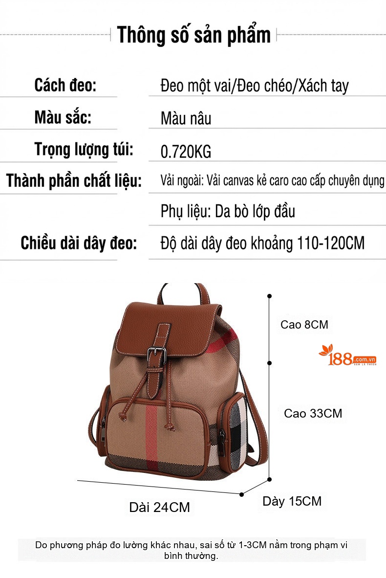 Balo Nữ Vải Canvas Kẻ Ô Phối Da Bò Nâu Cao Cấp chi tiết 3