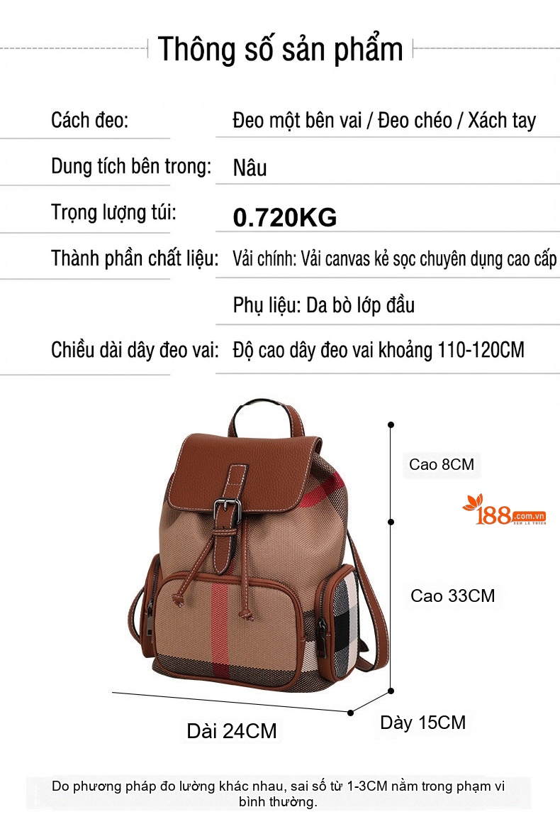 Balo Nữ Vải Canvas Kẻ Ô Phối Da Bò Nâu Cao Cấp chi tiết 19