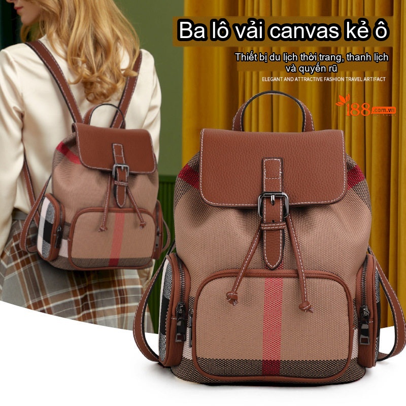 Balo Nữ Vải Canvas Kẻ Ô Phối Da Bò Nâu Cao Cấp
