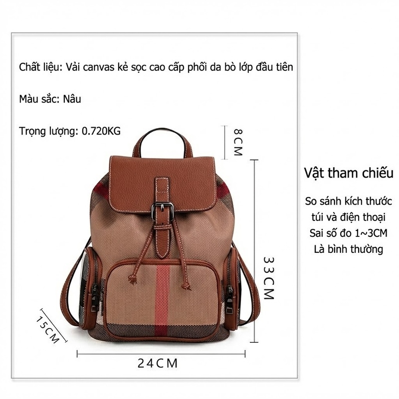 Balo Nữ Vải Canvas Kẻ Ô Phối Da Bò Nâu Cao Cấp