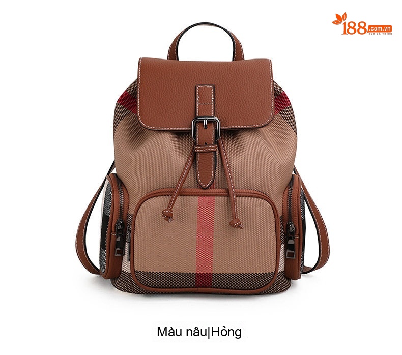 Balo Nữ Vải Canvas Kẻ Ô Phối Da Bò Nâu Cao Cấp chi tiết 4