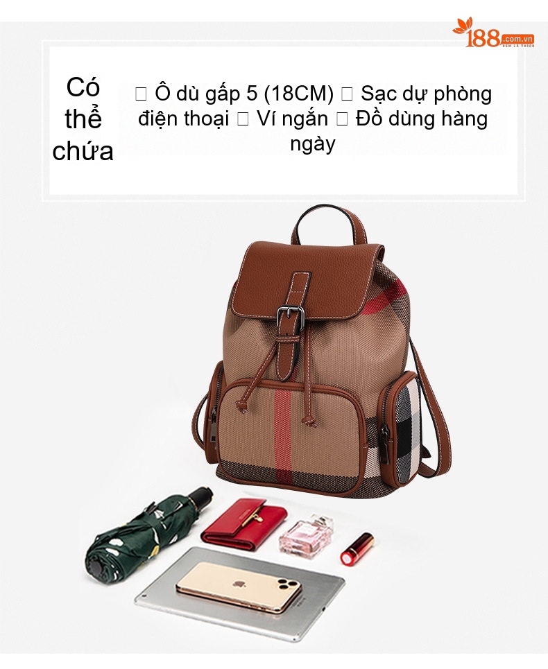 Balo Nữ Vải Canvas Kẻ Ô Phối Da Bò Nâu Cao Cấp chi tiết 8