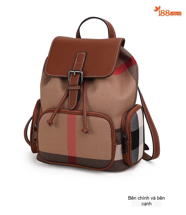Balo Nữ Vải Canvas Kẻ Ô Phối Da Bò Nâu Cao Cấp chi tiết 12