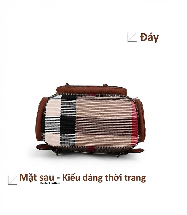 Balo Nữ Vải Canvas Kẻ Ô Phối Da Bò Nâu Cao Cấp chi tiết 14