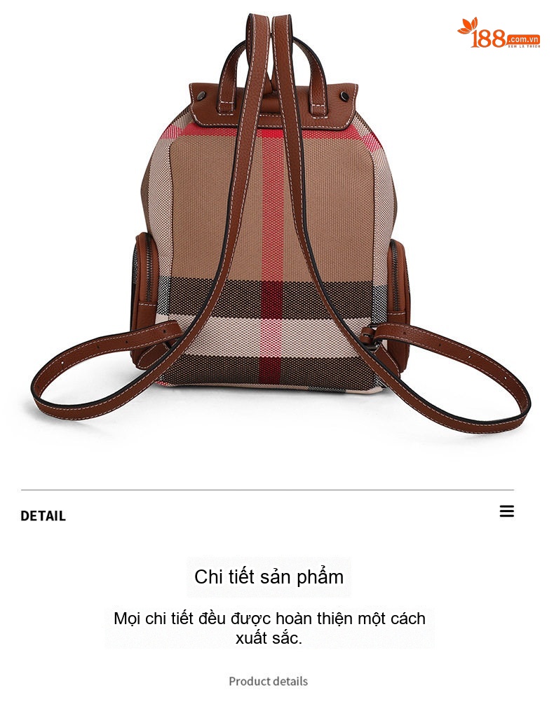 Balo Nữ Vải Canvas Kẻ Ô Phối Da Bò Nâu Cao Cấp chi tiết 15
