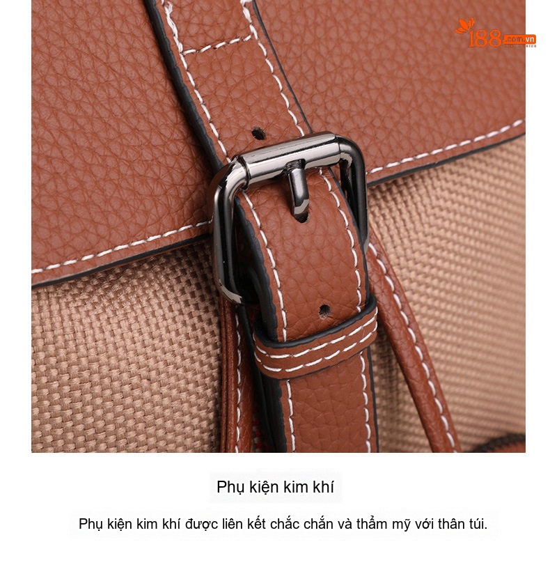 Balo Nữ Vải Canvas Kẻ Ô Phối Da Bò Nâu Cao Cấp chi tiết 17