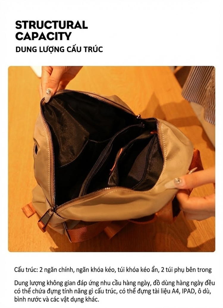 Balo Nữ Vải Oxford Chống Nước Kiểu Dáng Casual Công Sở Dung Tích Lớn Màu Be chi tiết 6