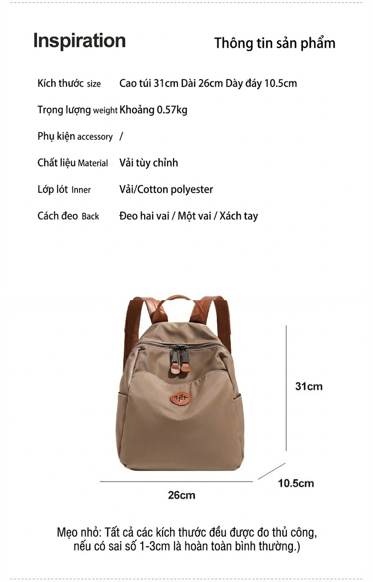 Balo Nữ Vải Oxford Chống Nước Kiểu Dáng Casual Công Sở Dung Tích Lớn Màu Be chi tiết 4
