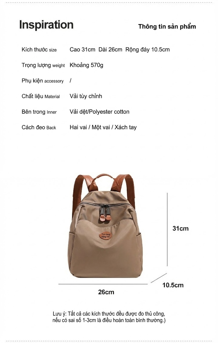 Balo Nữ Vải Oxford Chống Nước Kiểu Dáng Casual Công Sở Dung Tích Lớn Màu Be chi tiết 21