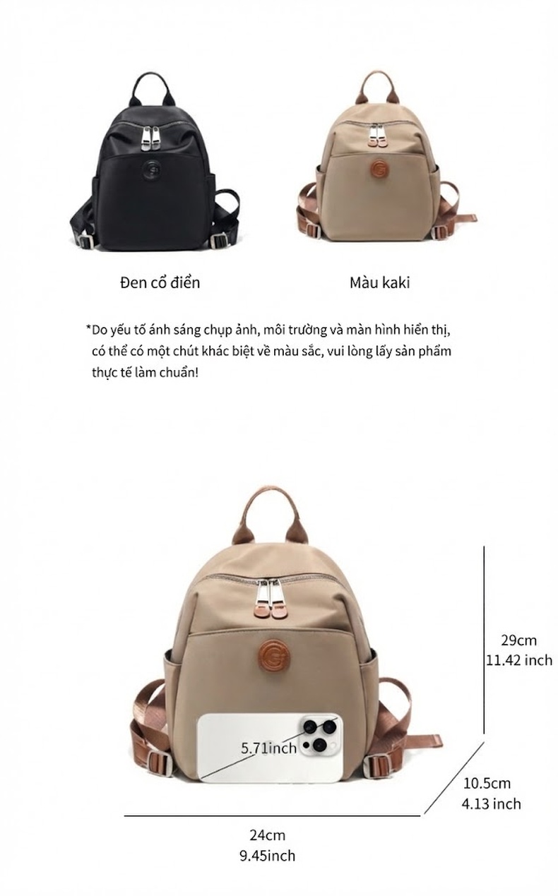 Balo Nữ Vải Oxford Phối Da Bò Nhiều Ngăn Chống Nước Đựng Laptop Màu Kem, Đen chi tiết 2