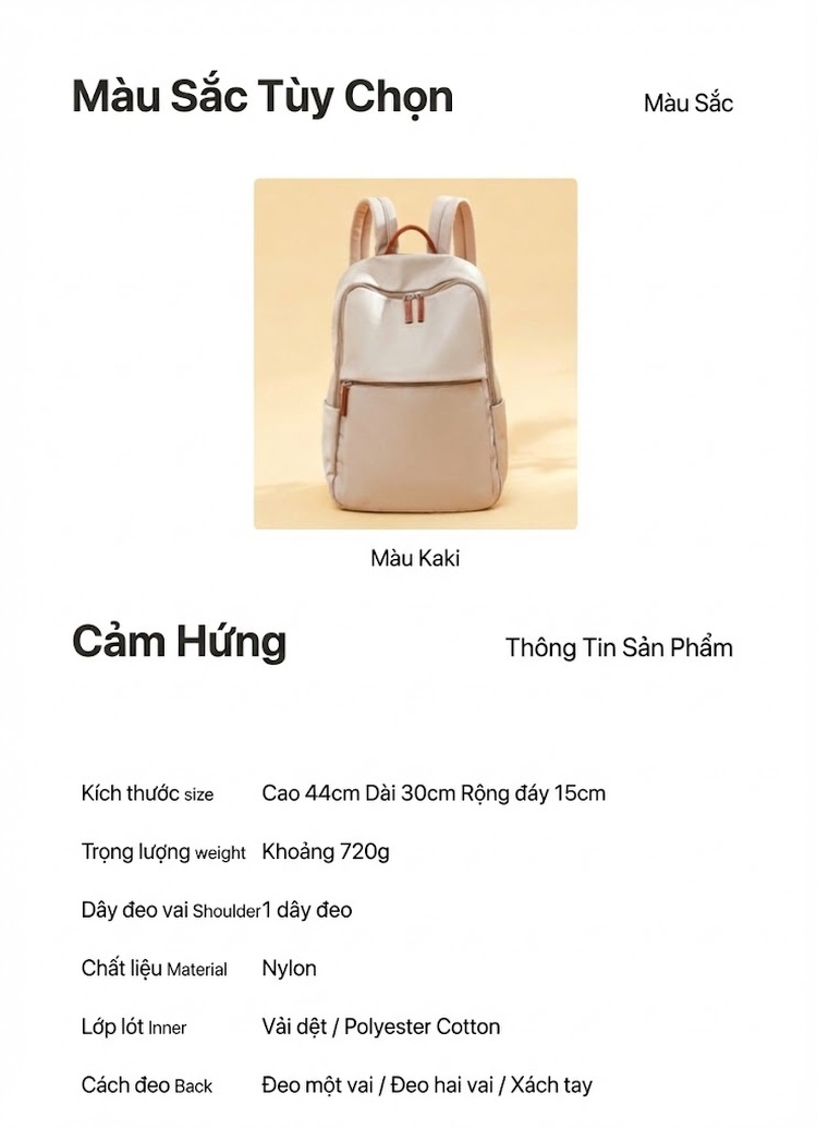 Balo Nữ Vải Oxford Phong Cách Đơn Giản, Nhẹ, Dung Tích Lớn Màu Kem chi tiết 15