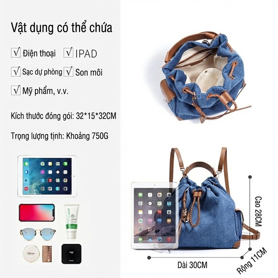 Balo Rút Dây Đeo Vai Du Lịch Thường Ngày Sức Chứa Lớn Màu Xanh Dương, Xám