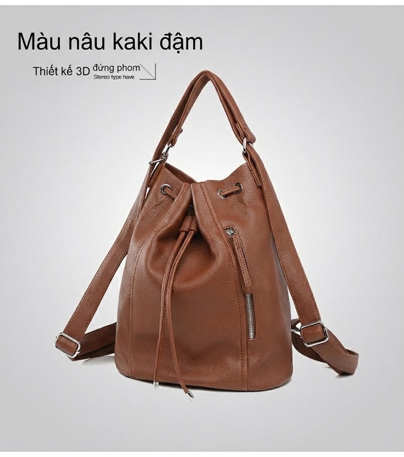 Balo Rút Dây Nữ Thiết Kế Vintage Phong Cách Retro Dung Tích Lớn Da Bóng Màu Nâu, Đen chi tiết 25