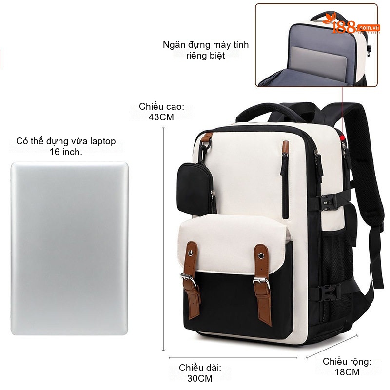 Balo Unisex Đa Năng Sức Chứa Lớn, Balo Học Sinh, Balo Du Lịch Màu Trắng Ngà, Đen, Xanh... chi tiết 4