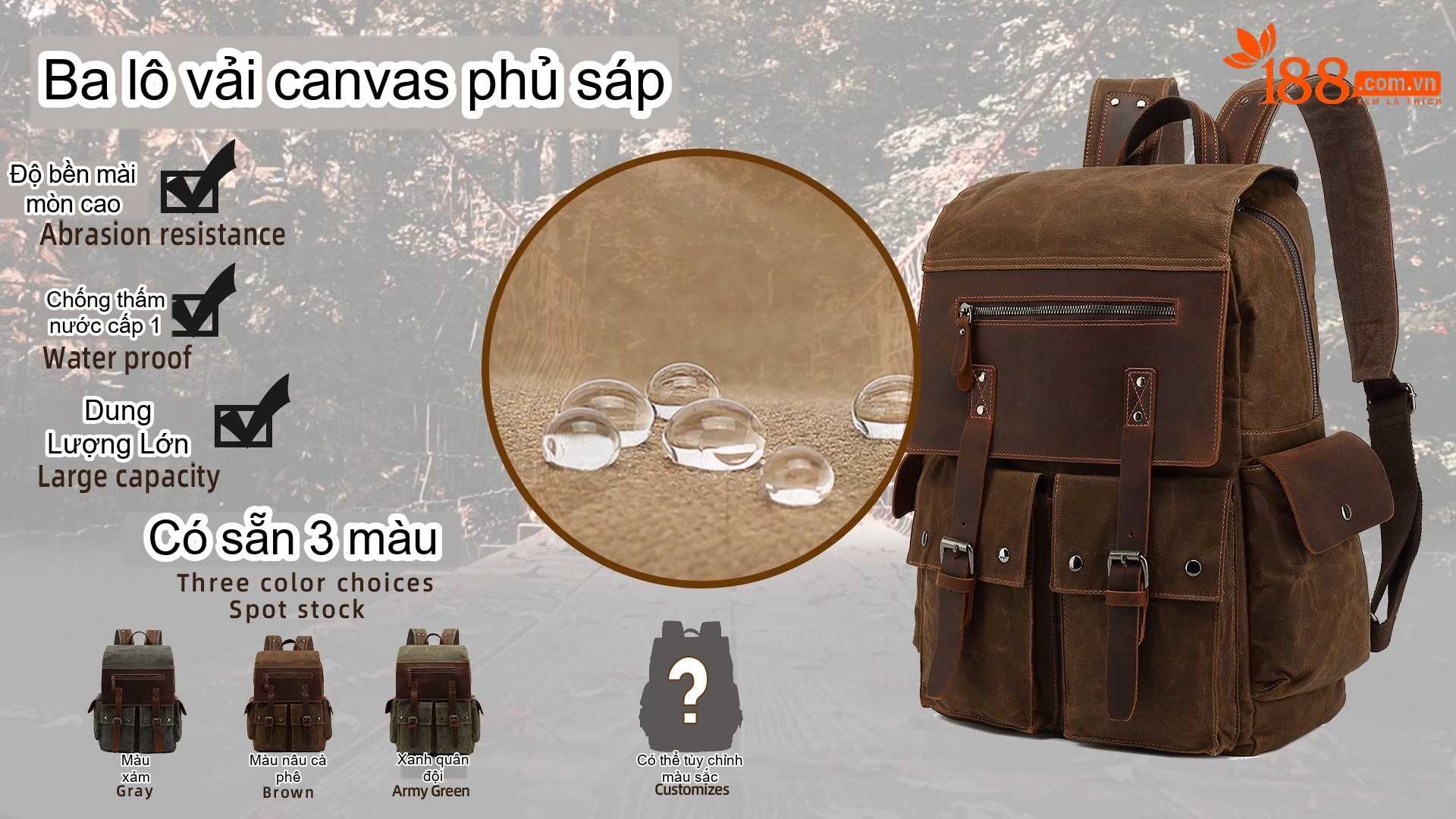 Balo Vải Canvas Dầu Sáp Chống Thấm Nước Phong Cách Retro Cho Học Sinh Sinh Viên Đi Học, Du Lịch chi tiết 3
