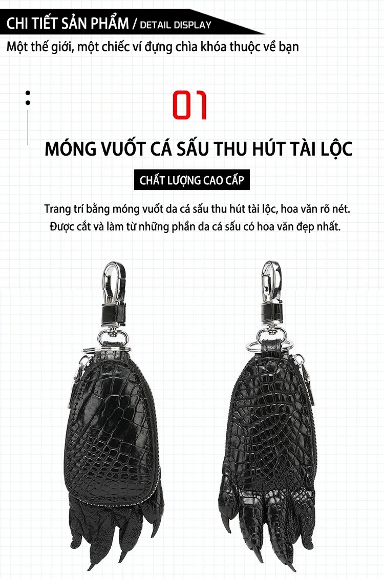 Bao Da Đựng Chìa Khóa Ô Tô Da Cá Sấu Khóa Kéo Kim Loại Thời Trang Màu Đen chi tiết 3