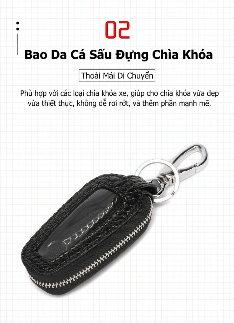 Bao Da Đựng Chìa Khóa Ô Tô Da Cá Sấu Khóa Kéo Kim Loại Thời Trang Màu Đen chi tiết 4