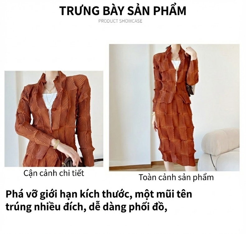 Bộ Áo Blazer và Chân Váy Dập Ly Thiết Kế Độc Đáo Phong Cách Thu Đông Màu Nâu, Đen chi tiết 2