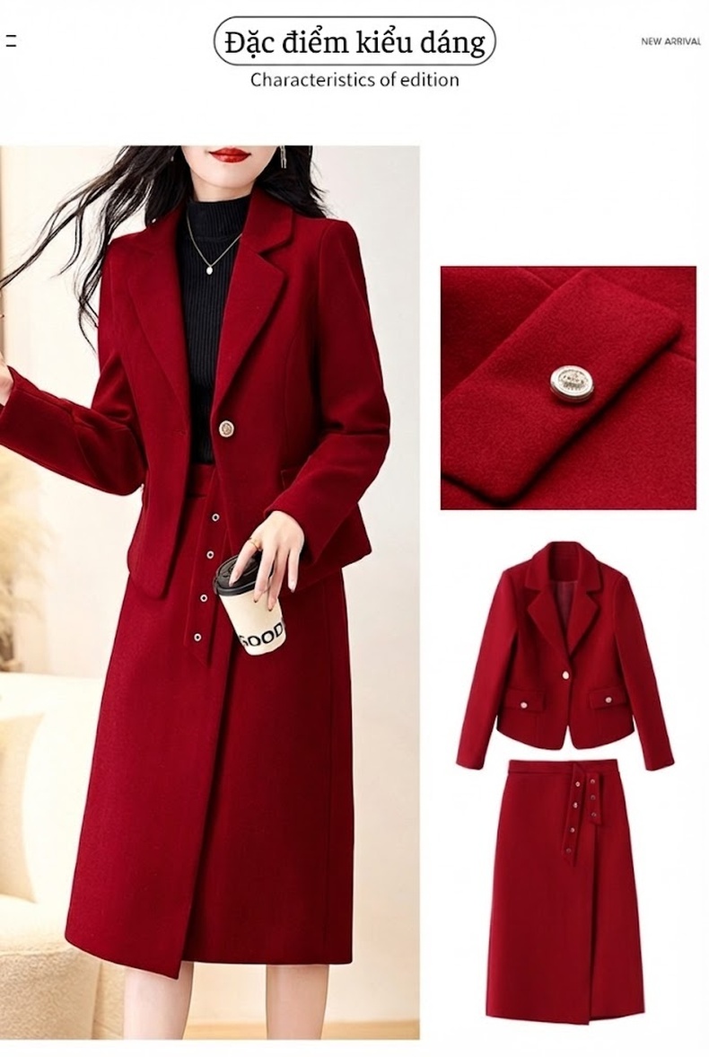 Bộ Áo Khoác Blazer và Chân Váy Nữ Vải Nỉ Cao Cấp Phong Cách Hàn Quốc Màu Đỏ, Nâu, Đen chi tiết 3